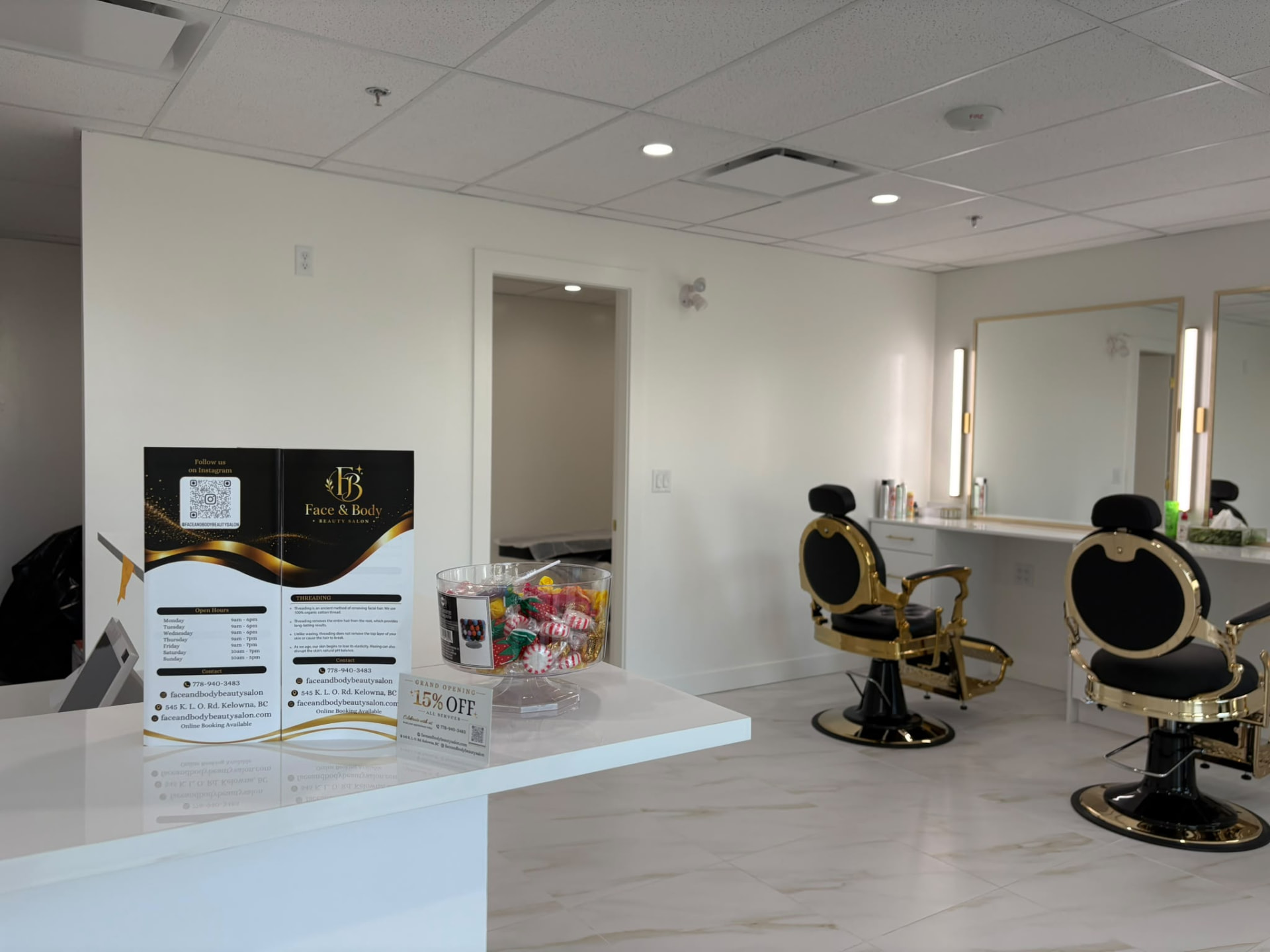 Salon reception counter overlooking the styling area