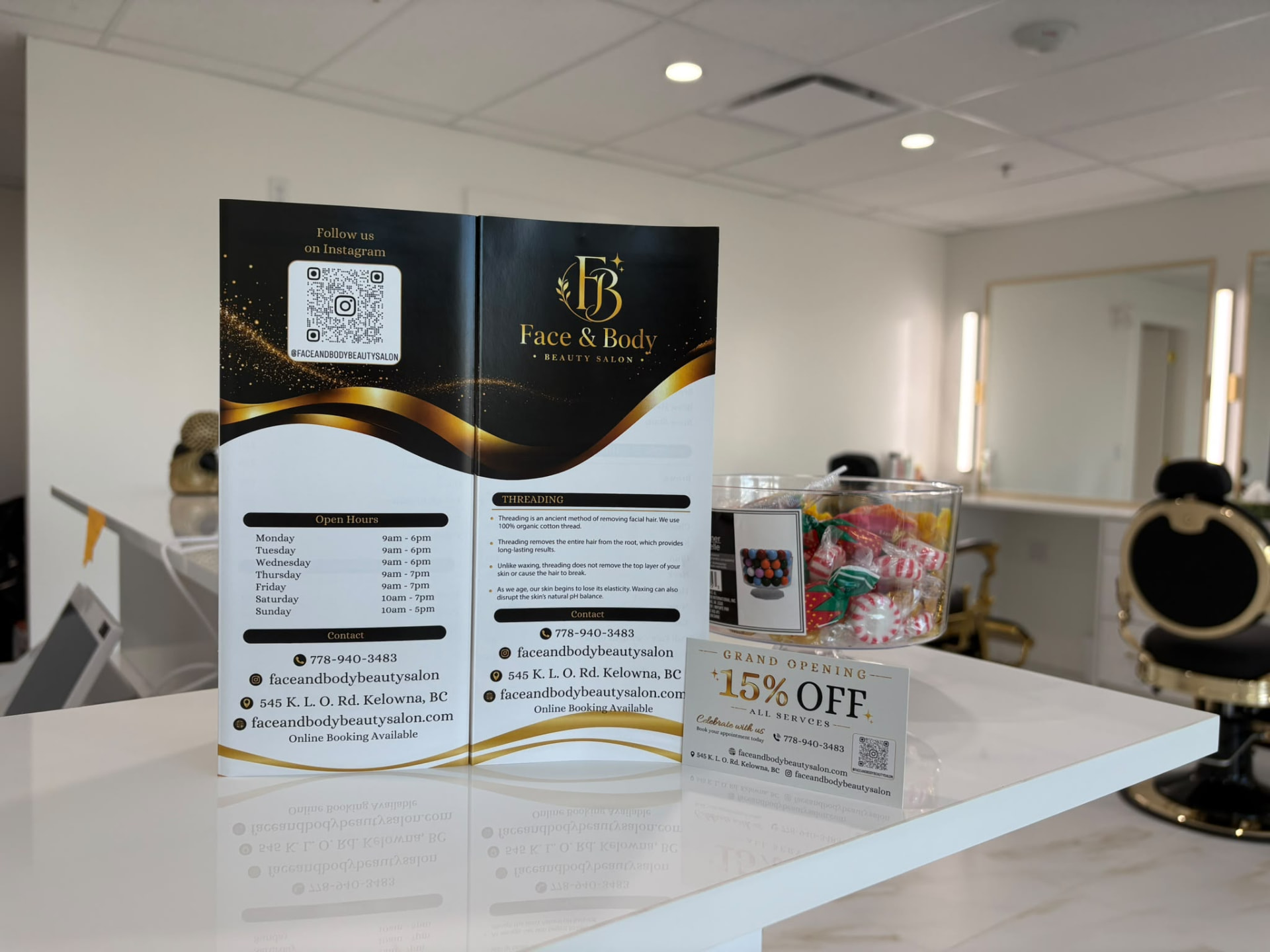 Face & Body Beauty Salon welcome display at reception