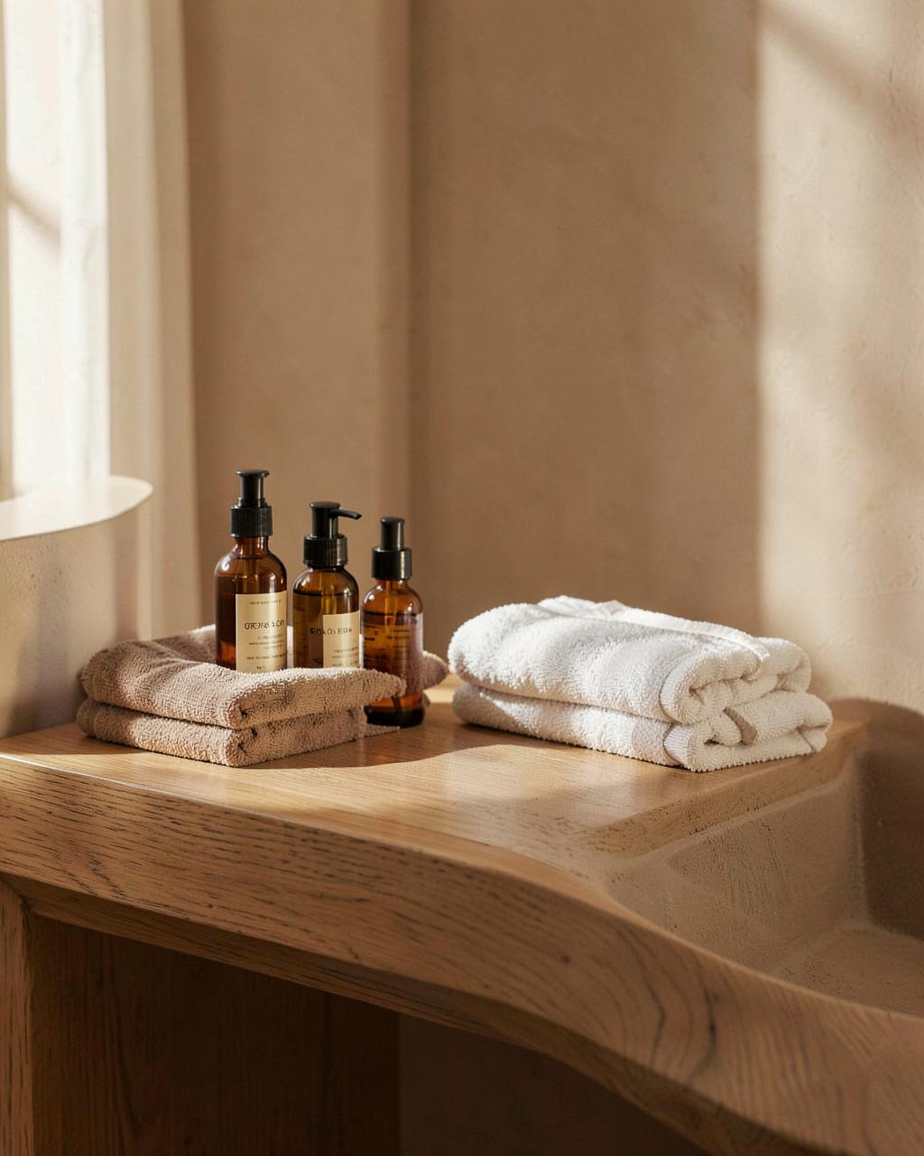Folded linen towels and amber skincare bottles on an oak counter