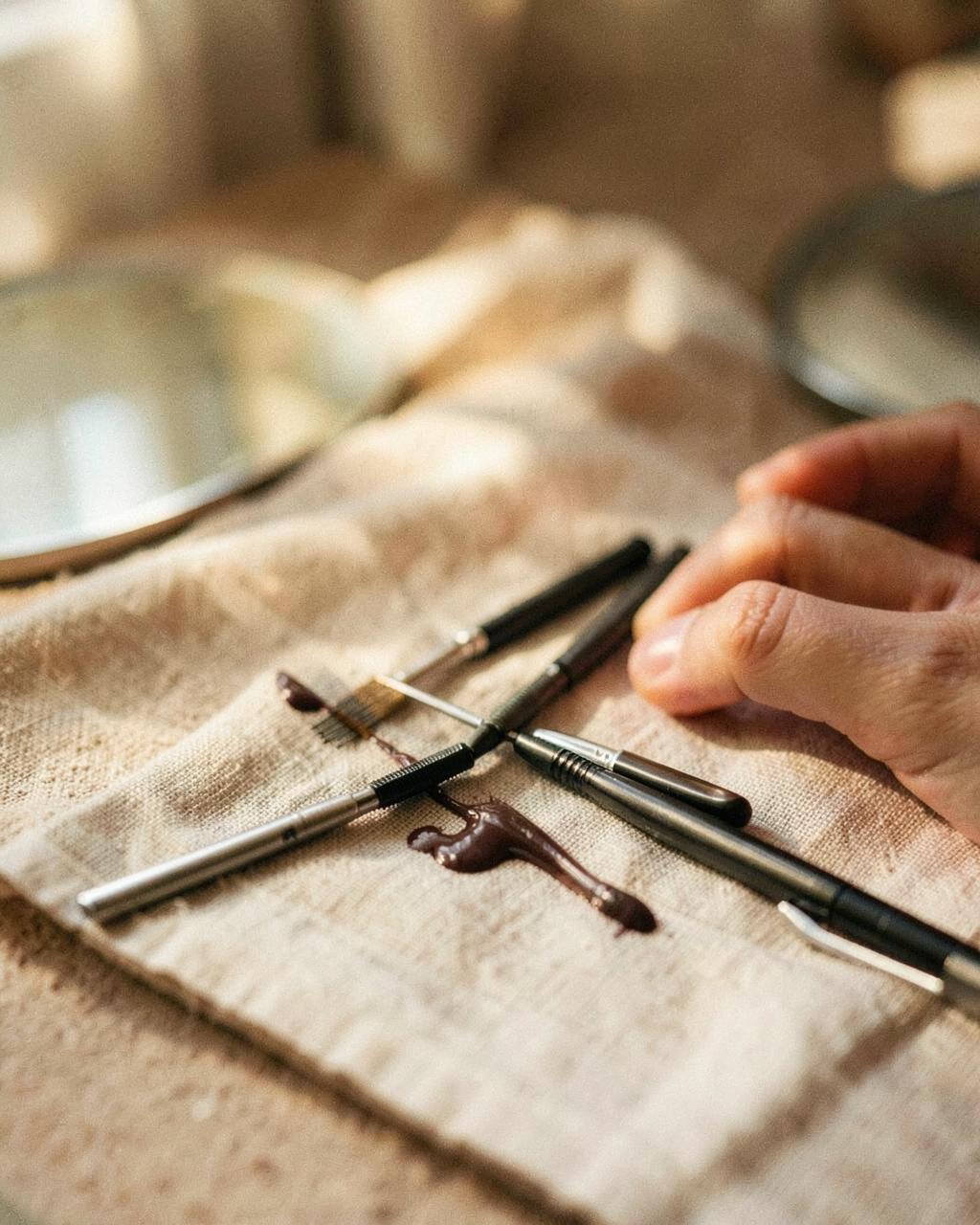 Microblading tools and brow pigment laid out on warm linen